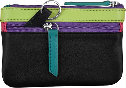 ili New York Mini Leather Coin Purse, Compact Design with Key Ring and RFID Protection for Women and Men in Vibrant Colors, Black Brights