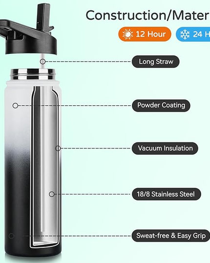 DOMICARE Insulated Water Bottle, 22 oz Vacuum Insulated Stainless Steel Reusable Sports Bottle with Straw Lid & Spout Lid for Travel, Camping, Bike, Leakproof, Black/White, 8 Pack