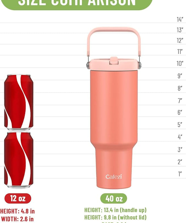 40 oz Insulated Tumbler with Top Handle and Flip Straw, Vacuum Insulated Stainless Steel Cup with Leak-Proof Lid, Sweat-Free, Fits Cup Holder, Keeps Ice Cold up to 30 Hours