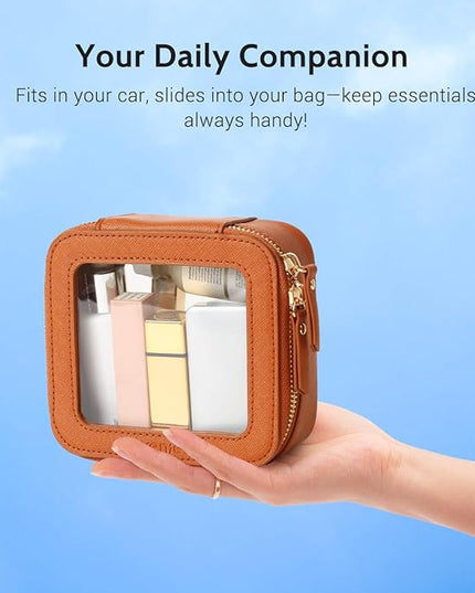 Aveniee Mini Clear Makeup Bag, Small Cosmetic Bags Travel Toiletry Pouch Organizer, TSA Approved Make up Case with Zipper, Car Bag for Essentials,Brown