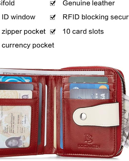 BOSTANTEN Leather Wallets for Women RFID Blocking Zipper Pocket Small Bifold Wallet Card Case Floral Red