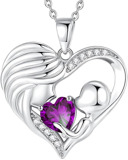 FANCIME Mom Birthstone Necklace Mother and Child Love Heart Necklace I Love You Mom Gifts Mothers Day Birthstone Jewelry Gifts for Grandmother Women Wife, 16"+2" Inches