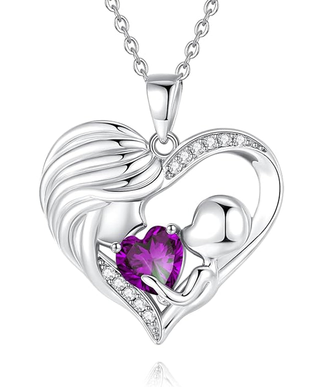 FANCIME Mom Birthstone Necklace Mother and Child Love Heart Necklace I Love You Mom Gifts Mothers Day Birthstone Jewelry Gifts for Grandmother Women Wife, 16"+2" Inches