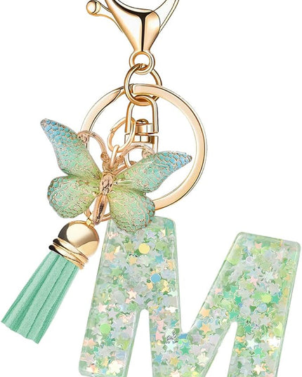 Fashion Alphabet Initial Letter Keychain Tassel Butterfly Pendant Key Ring for Purse Handbags Women Girl