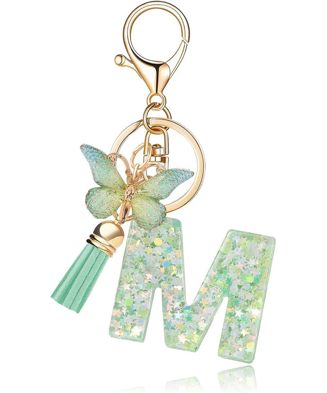 Fashion Alphabet Initial Letter Keychain Tassel Butterfly Pendant Key Ring for Purse Handbags Women Girl