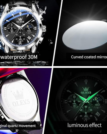 OLEVS Men's Watches Leather Strap Analog Quartz Watch, Fashion Big Dial Date Waterproof Watch, Dress Luxury Luminous Men Watches