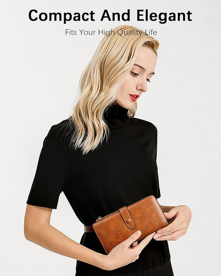 BOSTANTEN Leather Wallets RFID Blocking Large Capacity Trifold Card Holder Ladies Phone Clutch Brown