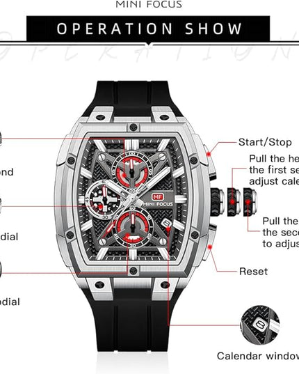 MF MINI FOCUS Men's Watch Analog Fashion Wrist Watch, Skeleton Tonneau Watch for Men with Chronograph,Ideal for Sports Enthusiasts and Daily Wear