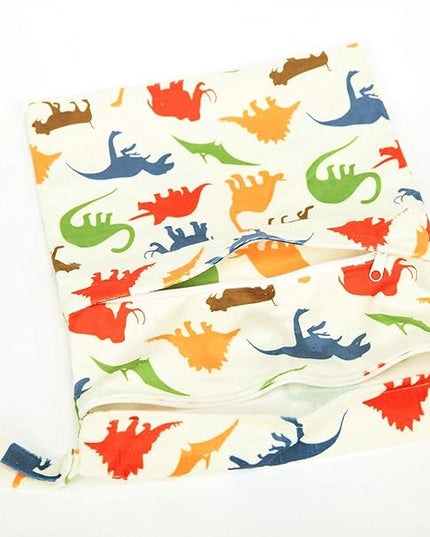 Medium Wet Dry Bag Baby Cloth Diaper Nappy Insert Bag Reusable Washable With Two Zippered Pockets Minky (Dinosaur)
