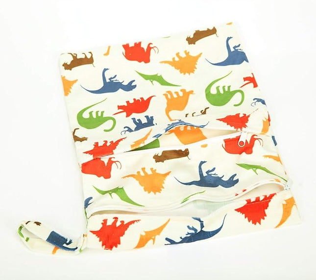 Medium Wet Dry Bag Baby Cloth Diaper Nappy Insert Bag Reusable Washable With Two Zippered Pockets Minky (Dinosaur)