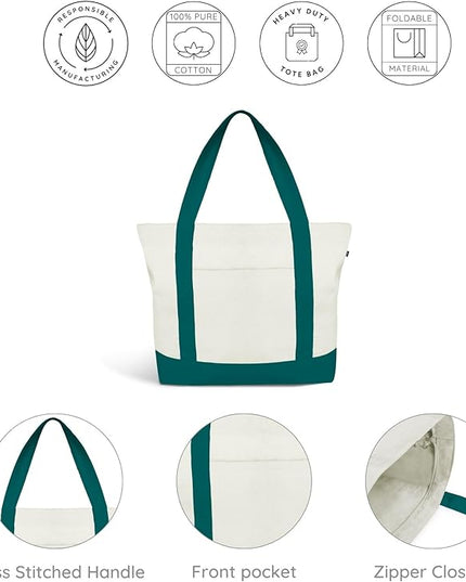 Eco Right Canvas Tote Bag for Women with Zip & Inner Pocket, 100% Organic Cotton Tote Bags for Men, Shopping, Beach
