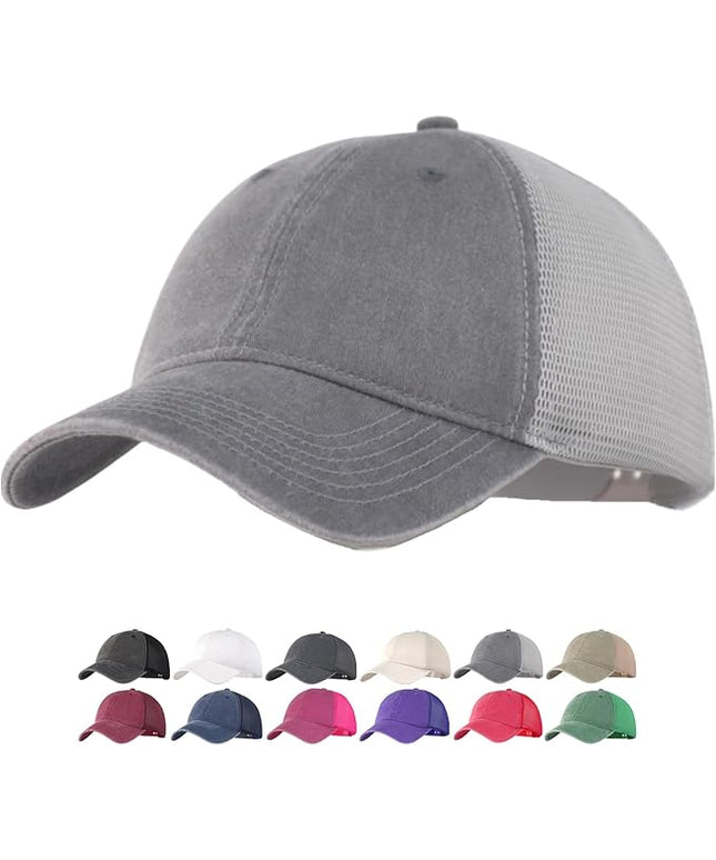 Vintage Washed Soft Crown Baseball Cap Plain Snapback Trucker Hat Men Women Adjustable Distressed Mesh-Back Ball Cap