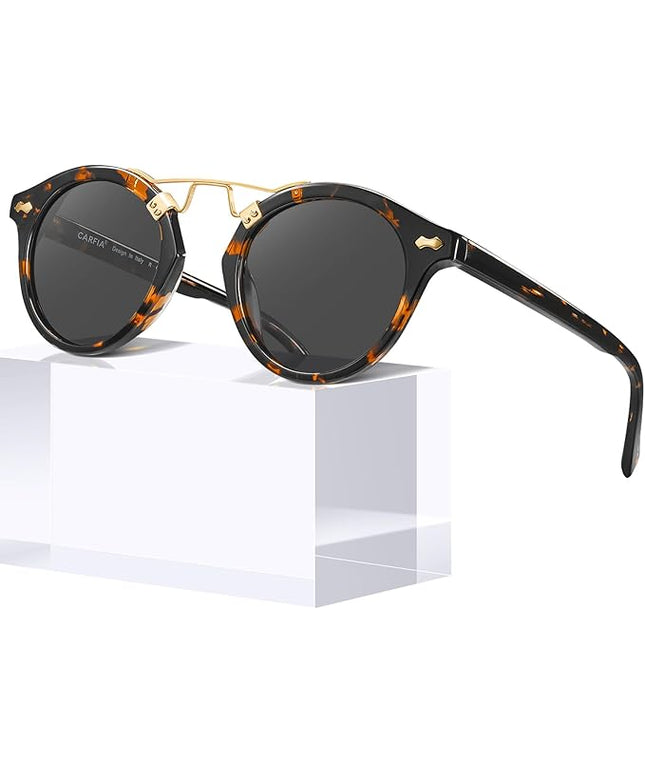 CARFIA Small Face Acetate Polarized Sunglasses for Women UV Protection, Retro Double Bridge Eyewears Metal Brow Round Sunnies