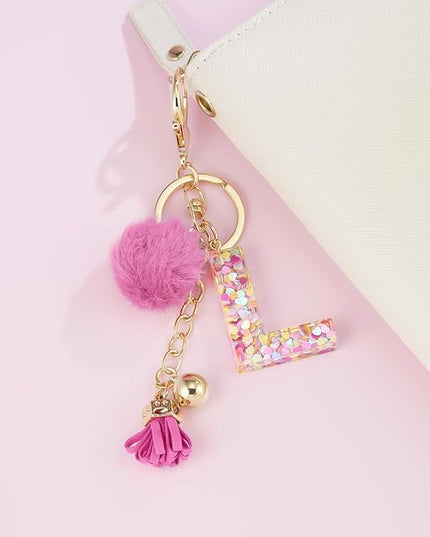 Resin Alphabet Initial Letter Keychain Keyring for Women Purse Handbags With Fur Ball Pom