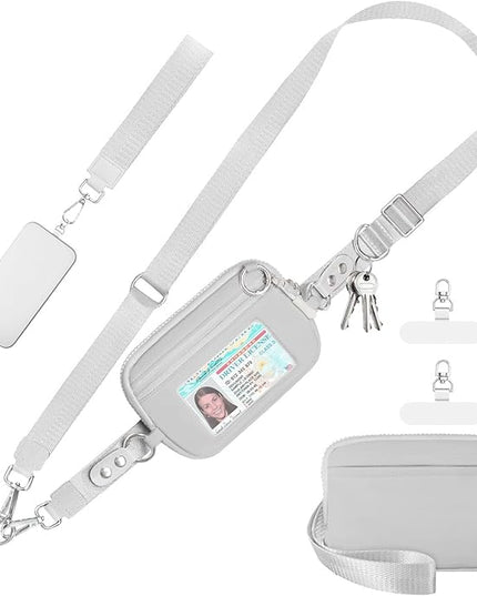 Clip and Go Strap for Phone with Wallet Crossbody Phone Lanyard Adjustable and Detachable RFID Wristlet Wallet with ID Window and Zipper, Grey