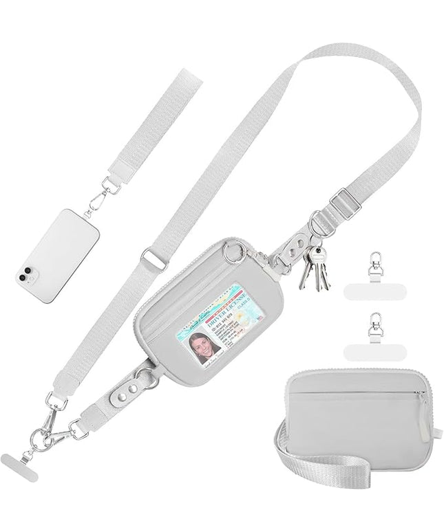 Clip and Go Strap for Phone with Wallet Crossbody Phone Lanyard Adjustable and Detachable RFID Wristlet Wallet with ID Window and Zipper, Grey