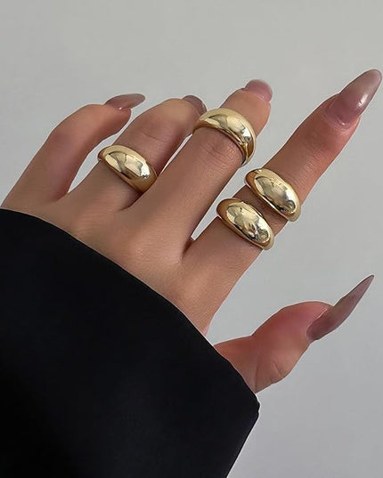 GiftInBox Gold Chunky Rings Set for Women Open Stacking Knuckle Ring Adjustable Round Dome Rings Set Minimalist Irregular Statement Women Ring Jewelry Gift
