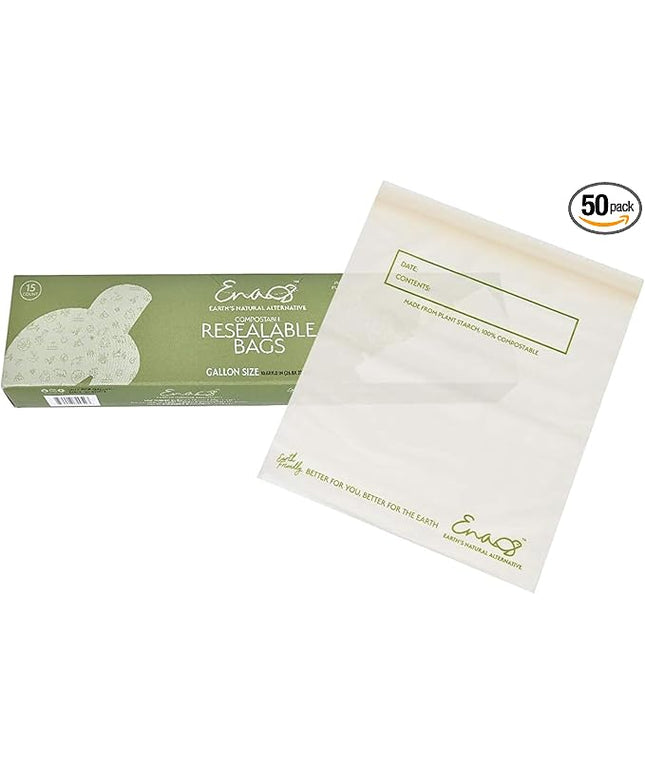 100% Compostable Food Storage Bags [Gallon 50 Pack] Eco-Friendly Freezer Bags, Resealable Bags, Heavy-Duty, Reusable, Off-White by Earth's Natural Alternative