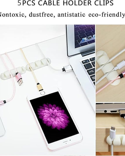 White Cable Management Organizer Kit, 2 Wire Sleeve Protector, 41 Self Adhesive Cable Clips Holder, 10pcs+2 Roll Reusable Cable Ties and 100 Cable Zip Ties for TV Computer Cord Tidy Under Desk