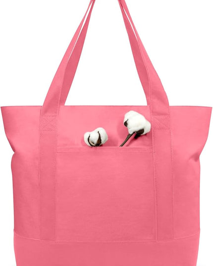 TOPDesign 1-Pack Canvas Tote Bag with an External Pocket, Reusable Grocery Shopping Bag, Top Zipper Closure, Daily Essentials (Rose Pink)