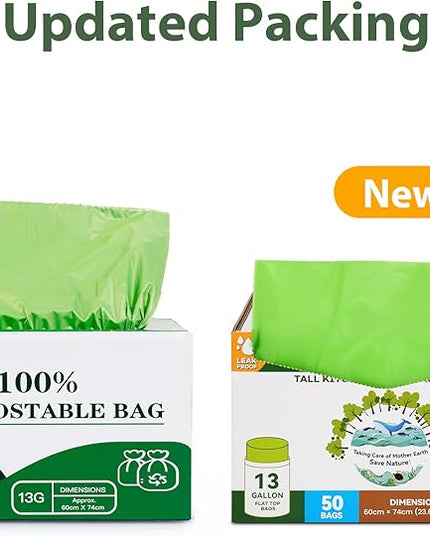 Compostable Bags,Trash bags 13+ gallon tall kitchen, Compostable Trash Lawn & Leaf Yard Waste Bags,Kitchen Compost Trash Bin Compatible,Extra Thick1.01 Mills,Certified by BPI and OK Compost(50count)