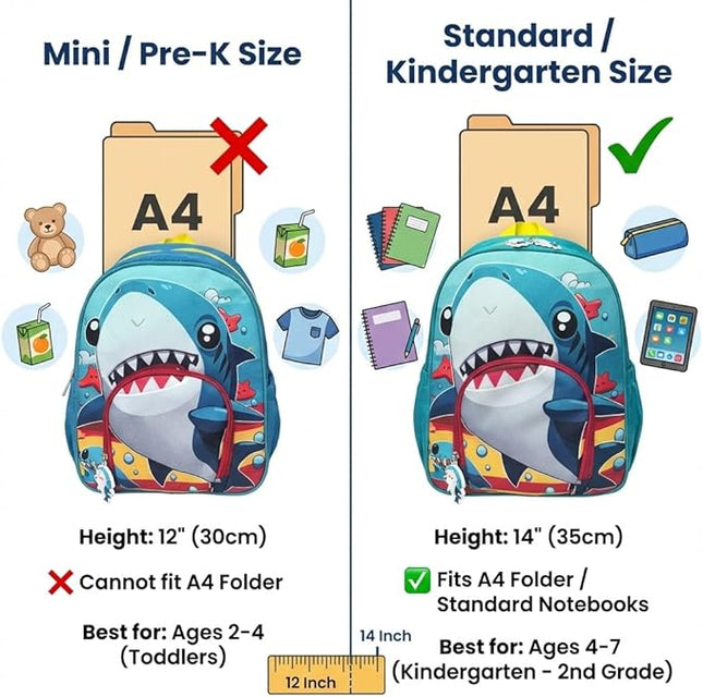 Kids Backpack for Boys and Girls, Kindergarten School Bag with Chest Strap (Blue Shark, 14 Inch)