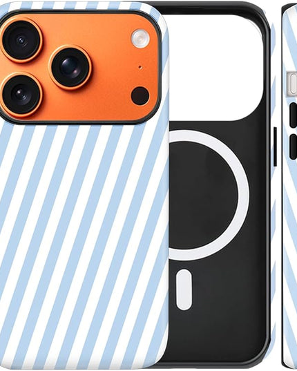 Magnetic for iPhone 17 Pro Max Case Cute Diagonal Stripes Phone Case, Shockproof Slim TPU and Hard PC Protective Phone Cover Compatible with MagSafe Designed for Women Girls,Blue