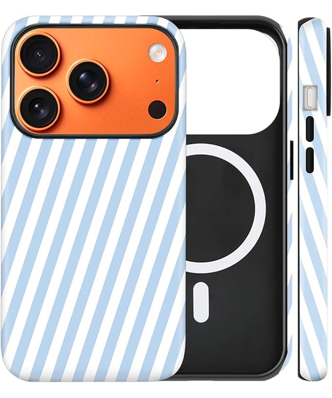 Magnetic for iPhone 17 Pro Max Case Cute Diagonal Stripes Phone Case, Shockproof Slim TPU and Hard PC Protective Phone Cover Compatible with MagSafe Designed for Women Girls,Blue