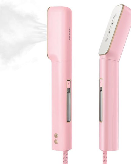 Newbealer 2in1 Travel Iron with Global Voltage, 100-240V Clothes Steamer, Dry Ironing & 2 Steam Levels, Non-Stick Ceramic Soleplate, Fabric Wrinkle Remover, Auto-off, Self Cleaning, No Clamp (Pink)
