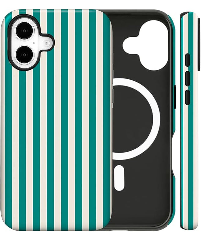 Magnetic for iPhone 17 Case Cute Stripes Phone Case, Shockproof Slim TPU and Hard PC Protective Phone Cover Compatible with MagSafe Designed for Women Girls, Emerald Green