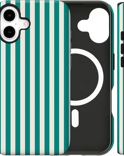 Magnetic for iPhone 16 Case Cute Stripes Phone Case, Shockproof Slim TPU and Hard PC Protective Phone Cover Compatible with MagSafe Designed for Women Girls, Emerald Green