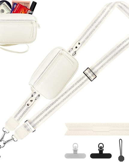 Clip and Go Strap for Phone with Wallet Crossbody, Adjustable Phone Lanyard with Detachable RFID Wristlet Wallet, Pattern Strap, Cream&Silver (M)