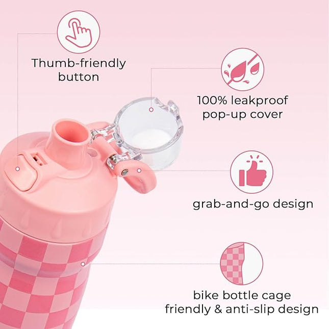 Magnetic Water Bottle with Straw 18 oz - Stainless Steel Insulated Tumbler for Gym & Bike (Fits Holders) - Leak Proof Pop-Up Lid, 2-in-1 Sip or Chug, Handle & Cute Pink Checkered Print