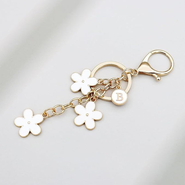Cute Initial Letter Keyring for Women Girls Nice Flower Keychains for Handbag Backpack