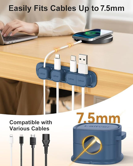 6 Pack Magnetic Cable Clips [1s Open/Lock], Laitver Cord Organizer Holder Strong Adhesive Desk Cable Management- Organize Charging Cords Neatly for Home, Office, Car,Desk, Nightstand-Porcelain Blue