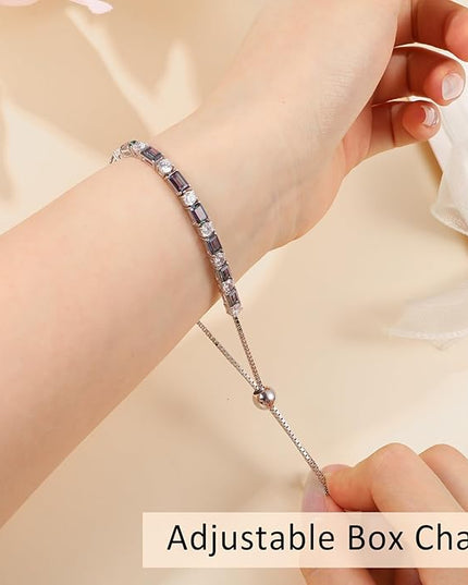 Birthstone Tennis Bracelets for Women White Gold Sterling Silver Gemstone Bracelets Adjustable Chain 6-9 Inchs Jewelry Anniversary Birthday Gifts for Women Mom Wife Her