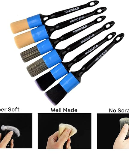 6pcs Car Detailing Brush Set-2pcs Boars Hair Car Detailing Brushes,2pcs Ultra Soft No Scratch Detailing Brush for Air Vent,Leather Seat 2pcs Detail Brushes for Interior Exterior(Blue)