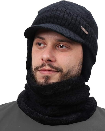 Winter Beanie w/Visor & Earflaps for Men Outdoor Fleece Hat Scarf Set