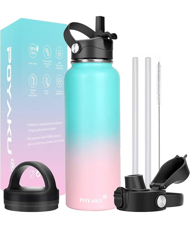 Water Bottle Insulated 32oz 40oz 64oz 128oz Straw Lid Spout Lid & 3 Lids, Leak Proof, Vacuum Insulated,Stainless Steel Water Bottle Wide Mouth for Sports, Gym or Office