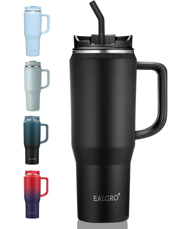 40 oz Tumbler with Handle, Insulated Tumblers with Lid and Straw, Large Metal Sports Water Bottle Jug, Thermal Stainless Steel Travel Coffee Mug Cup, Black