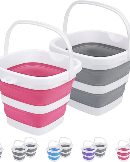 2 Pack Collapsible Buckets 5L 1.3Gallon Small Cleaning Bucket for Household Portable Plastic Bucket Outdoor Car Washing Tub Foldable Camping Beach Sand Water Pot Pail Space Saving Square Grey and Pink