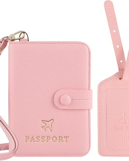 Passport Holder RFID Protected Wallet and Luggage Tag with Protection Cover Travel Accessories Leather Card Case Organizer for Women Men (Pink)