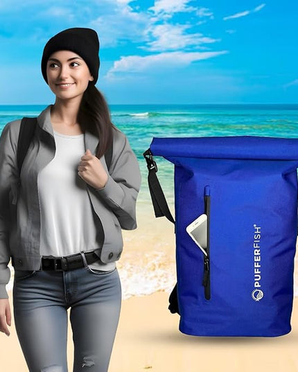 PUFFERFISH Super Sand Bag - Waterproof Roll-Top Beach Backpack, Padded Back and Straps, Multiple Pockets, Recycled Plastic, 35L, Blue