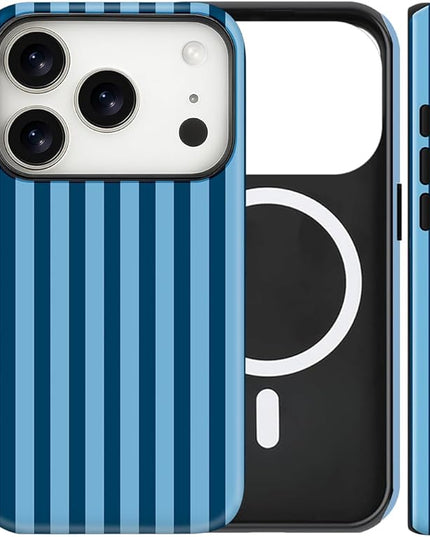 Magnetic for iPhone 17 Pro Max Case Cute Stripes Phone Case, Shockproof Slim TPU and Hard PC Protective Phone Cover Compatible with MagSafe Designed for Women Girls, Lake Blue