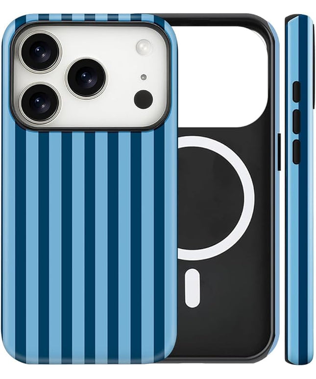 Magnetic for iPhone 17 Pro Max Case Cute Stripes Phone Case, Shockproof Slim TPU and Hard PC Protective Phone Cover Compatible with MagSafe Designed for Women Girls, Lake Blue