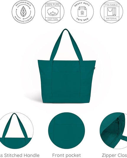 Eco Right Canvas Tote Bag for Women with Zip & Inner Pocket, 100% Organic Cotton Tote Bags for Men, Shopping, Beach