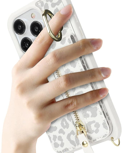 for iPhone 15 Pro Wallet Case with Card Holder, for iPhone 15 Pro Case Wallet with Strap Credit Card Slot, Crossbody Bag with Zipper Case for iPhone15 Pro - White Leopard