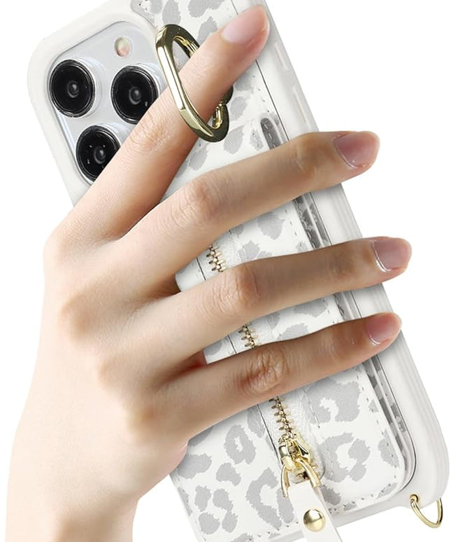 for iPhone 15 Pro Wallet Case with Card Holder, for iPhone 15 Pro Case Wallet with Strap Credit Card Slot, Crossbody Bag with Zipper Case for iPhone15 Pro - White Leopard