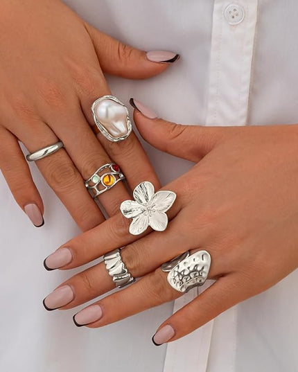 Chunky Rings for Women Adjustable Thick Rings Set Trendy Statement Stackable Ring for Women Chunky Jewlery Irregular Dome Flower Finger Knkuckle Thumb Ring