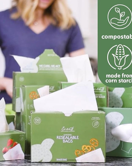100% Compostable Food Storage Bags [Snack 300 Pack] Eco-Friendly Freezer Bags, Resealable Bags, Heavy-Duty, Reusable, Off-White by Earth's Natural Alternative